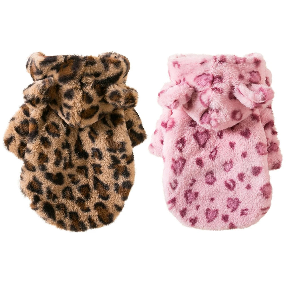 Winter Warm Fleece Dog Hoodie – Leopard Style